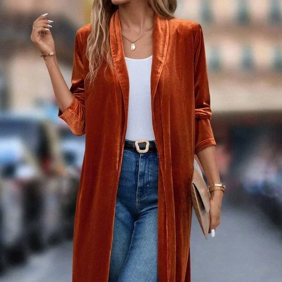 Burnt Orange Casual Womens Shawl Collar Open Front Velvet Coat - Picture 3 of 6